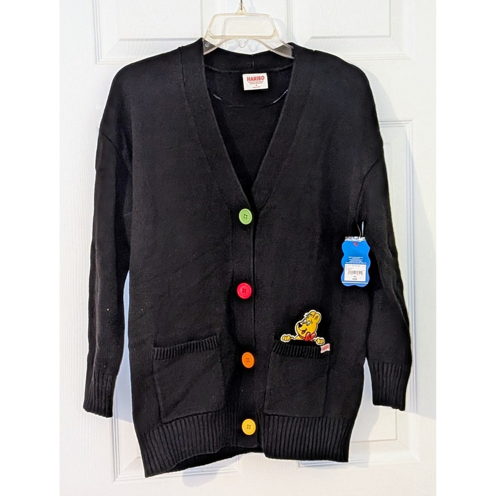 Haribo Gummy Bears Black Cardigan‎ Sweater with Patch Colorful Buttons Small NWT